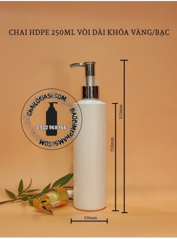 CHAI HDPE 250ML TRẮNG VAI NGANG VÒI DÀI KHÓA XI F24 (VÀNG, BẠC)