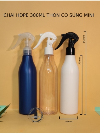 CHAI HDPE 300ML CAO VÒI CÒ SÚNG MINI F24 (TRONG, TRẮNG, ĐEN)