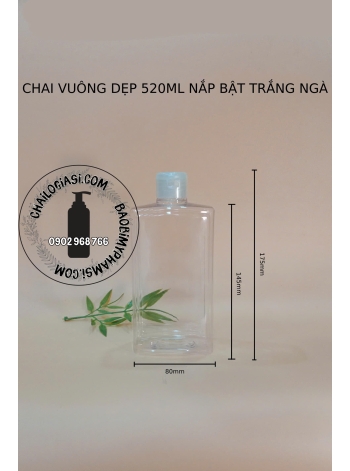 CHAI 520ML VUÔNG DẸP NẮP BẬT TRẮNG NGÀ F28