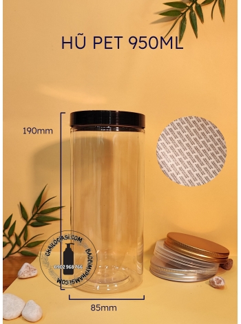 HŨ PET TRÒN 930ML NẮP NHỰA ĐEN, TRONG (F85)  SEAL GIẤY + 600Đ