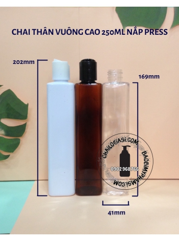 CHAI THÂN VUÔNG CAO 250ML NẮP PRESS F24 ( TRẮNG, ĐEN)