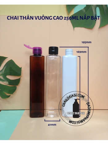 CHAI THÂN VUÔNG CAO 250ML NẮP BẬT SỌC F24 (TRẮNG, TRONG, ĐEN)