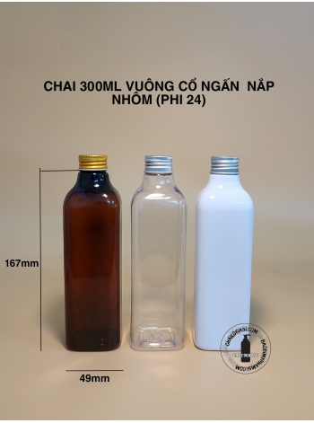 CHAI 300ML VUÔNG CỔ NGẤN NẮP NHÔM VÀNG/BẠC