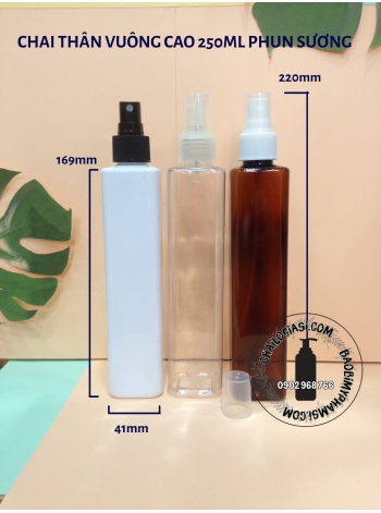 CHAI THÂN VUÔNG CAO 250ML PHUN SƯƠNG F24 (TRẮNG, TRONG, ĐEN)