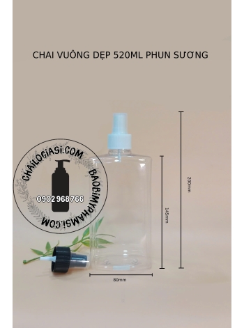 CHAI 520ML VUÔNG DẸP VÒI PHUN SƯƠNG F28 (TRẮNG, TRONG, ĐEN)