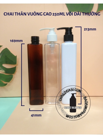 CHAI THÂN VUÔNG CAO 250ML VÒI DÀI F24 (TRẮNG, TRONG, ĐEN)