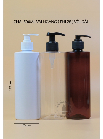 CHAI NHỰA 500ML VAI NGANG VÒI DÀI F28 (TRẮNG, TRONG, ĐEN)