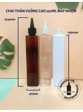 CHAI THÂN VUÔNG CAO 250ML NẮP NHỌN F24 (TRẮNG, TRONG, ĐEN)